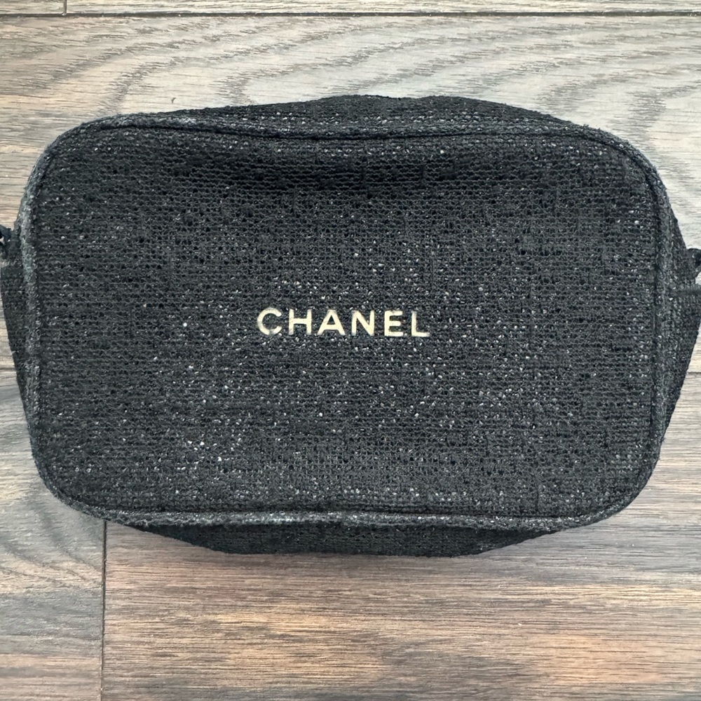CHANEL Black Textured Makeup Bag with Gold Logo